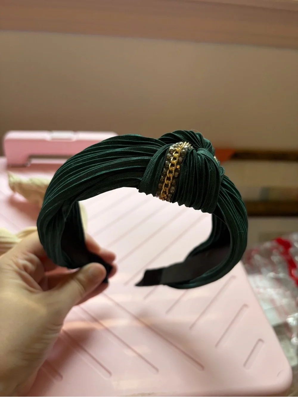 Pleated Knot Headbands in Forest Green and Cream